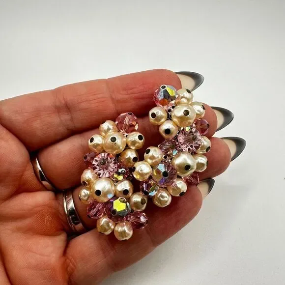 Vintage Laguna Pink Aurora Borealis crystal and Faux Pearl clip on earrings!